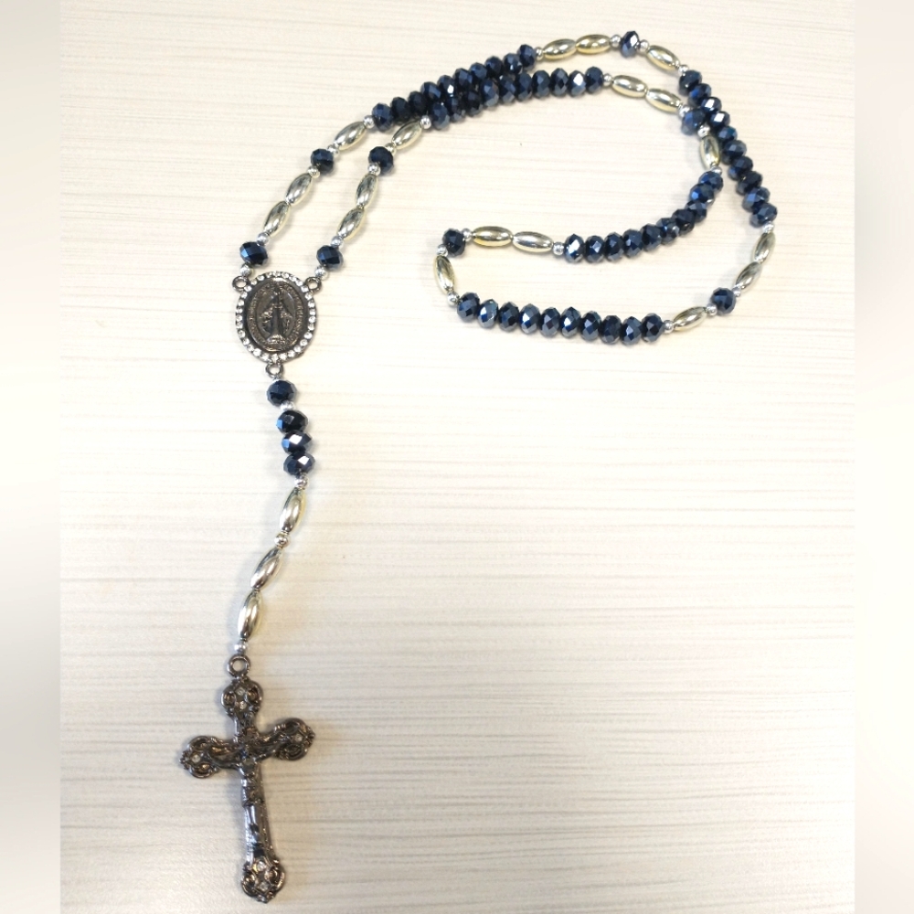 Vintage Catholic Religious 19” Saint Mary Blackish Blue Silver Gold Rosary Beads